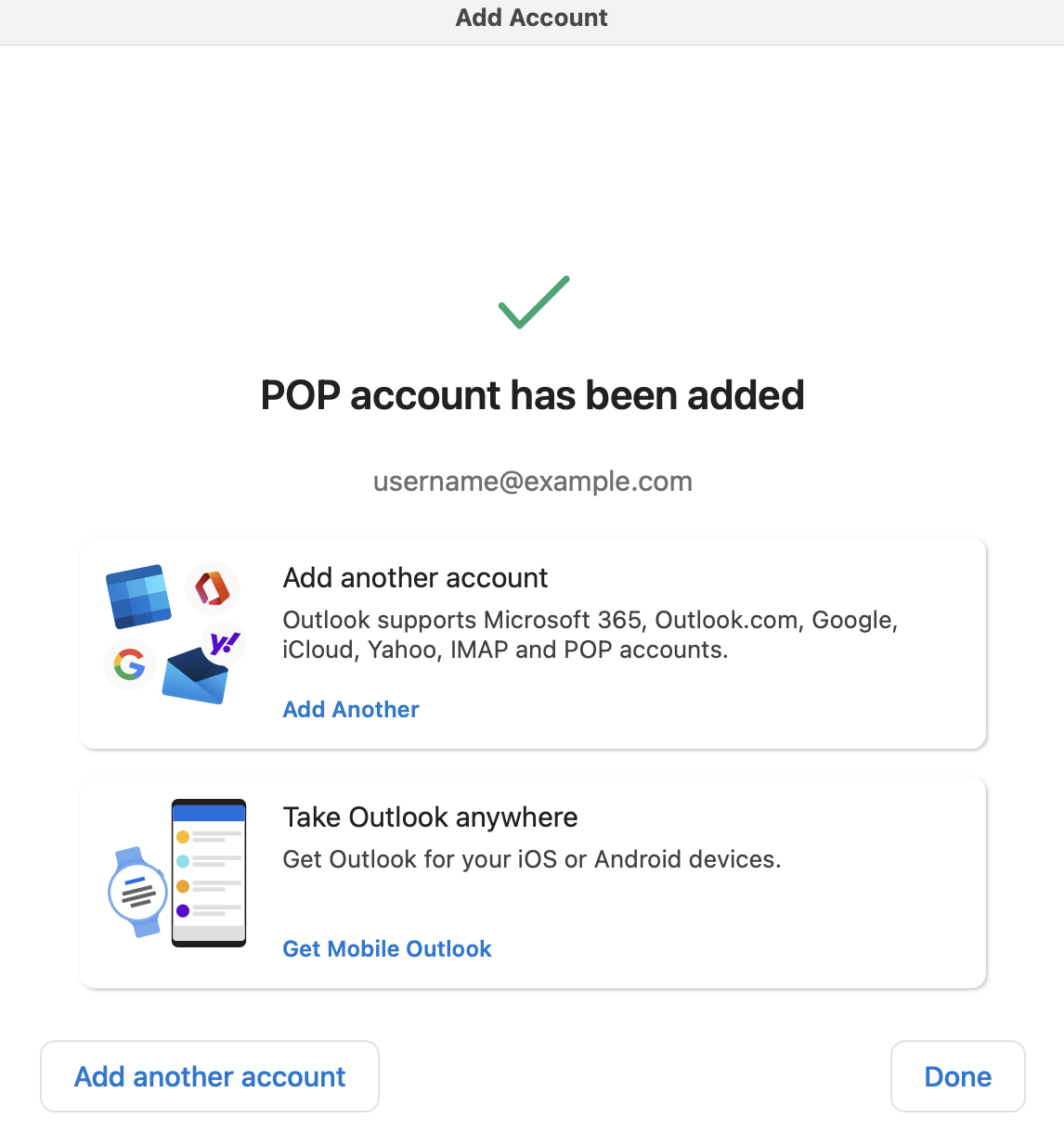 POP account has been added with green checkmark